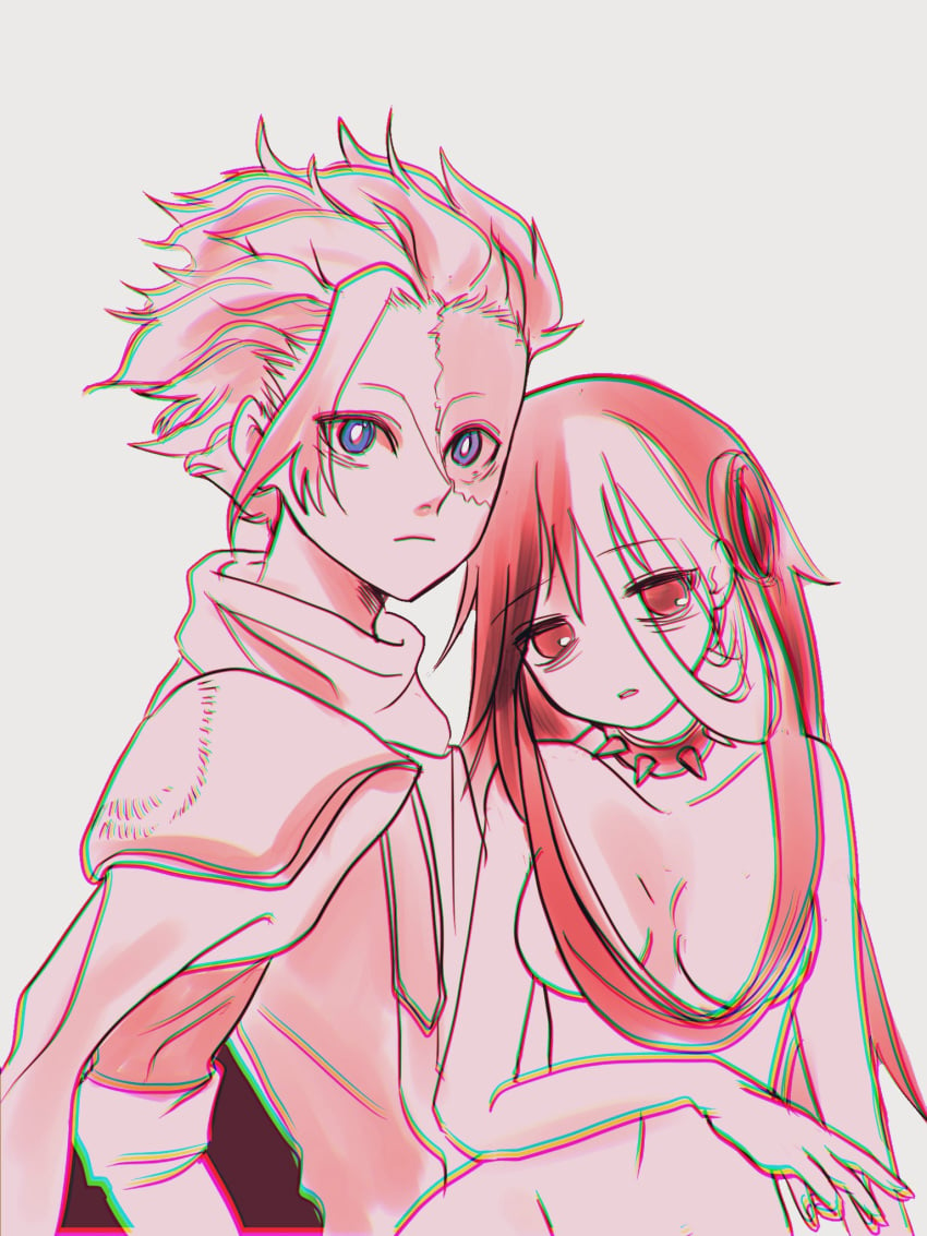 1boy 1girls bags_under_eyes belaf blue_eyes burn_scar clothed_male_nude_female collar convenient_censoring facial_scar female hair_between_eyes hair_censor long_hair looking_at_viewer made_in_abyss male nude_female red_eyes red_hair restricted_palette sketch small_breasts spiked_collar two_tone_hair very_long_hair vueko