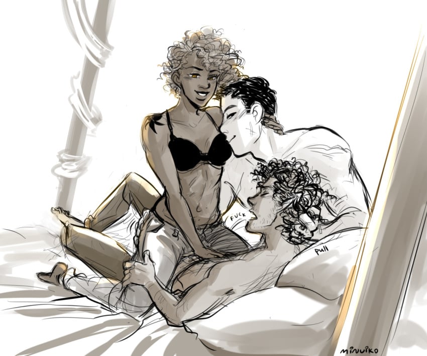 2boys bra cowgirl_position dark_skin female frank_zhang hazel_levesque heroes_of_olympus jeans leo_valdez minuiko percy_jackson_and_the_olympians scar shirtless tattoo threesome