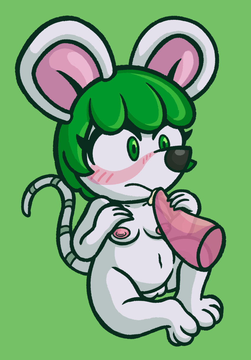 absurd_res animal_crossing anthro big_ears black_nose blush blush_lines bodily_fluids breasts bree_(animal_crossing) cum cum_on_penis female genital_fluids genitals green_eyes green_hair hair hi_res mammal maskedfurry mouse murid murine navel nintendo nipples nude penis pink_nipples pussy rodent simple_background sitting skinny_tail slightly_chubby solo tapering_penis translucent translucent_penis video_games white_body