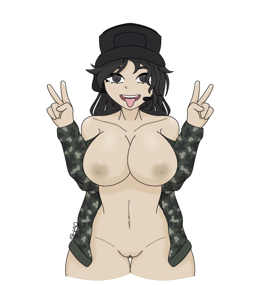 artist_name artist_signature black_eyes black_hair breasts exposed_breasts exposed_nipples half-dressed hat headphones jacket microphone military military_hat military_uniform nipples open_clothes peace_sign pussy roblox roblox_avatar robloxian shaospicy tongue tongue_out white_background