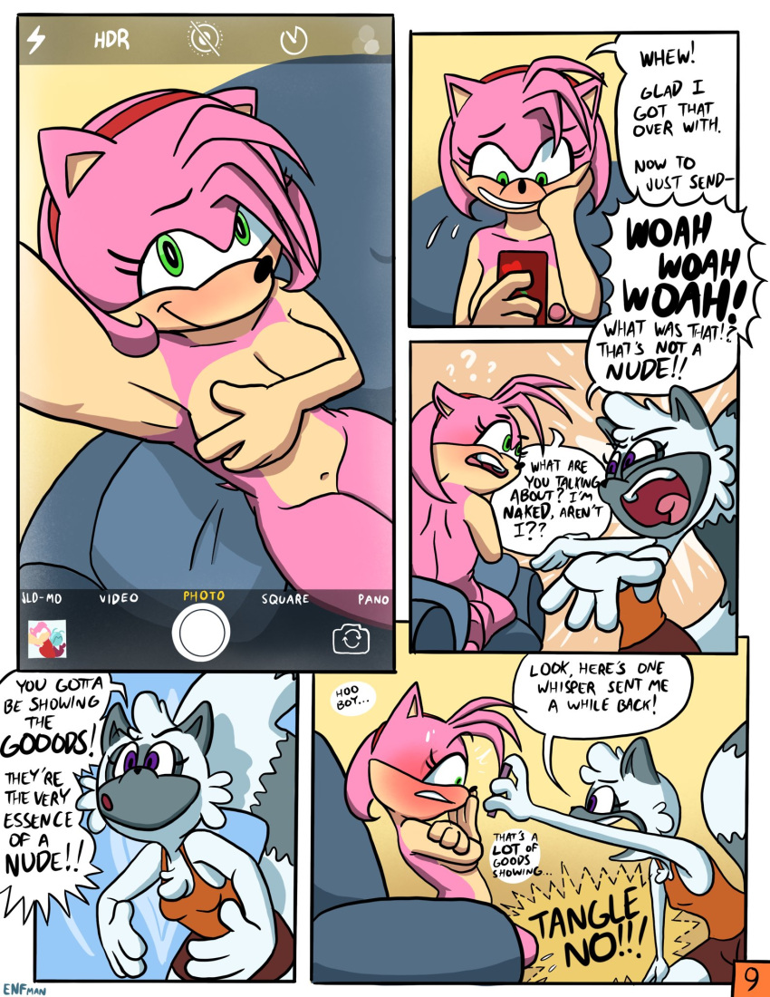 amy_rose anthro blush breasts camera camera_hud camera_view clothing colored comic covering dialogue duo embarrassed english_text eulipotyphlan female fur grey_body grey_fur hair hedgehog hi_res idw_comics idw_publishing inside lemur mammal mobian_(species) nipples nude page_9 pajamas phone pink_body pink_fur primate sega selfie signature sonic_(series) sonic_the_hedgehog_(comics) sonic_the_hedgehog_(idw) sonic_the_hedgehog_(series) speech_bubble strepsirrhine tangle_the_lemur text theenfman truth_or_dare