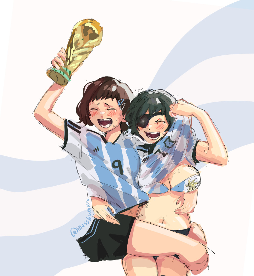 2022_fifa_world_cup 2girls argentina argentine_flag big_breasts blush bra celebration chainsaw_man cleavage female female_only fifa higashiyama_kobeni himeno_(chainsaw_man) hugging laugh legs_wrapped_around_partner light-skinned_female mappa masshu navel shirt_lift thick_thighs world_cup yuri