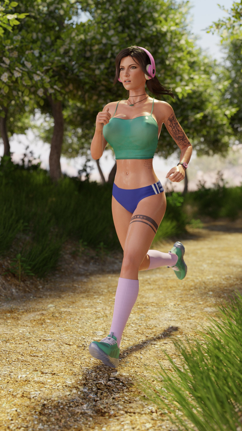 1female 1girls 3d breasts brown_hair busty female female_focus female_only hourglass_figure lara_croft lara_croft_(survivor) medium_breasts running smuttymcdirt solo solo_female sports_panties sports_shorts sportswear tagme tattoo tomb_raider wide_hips