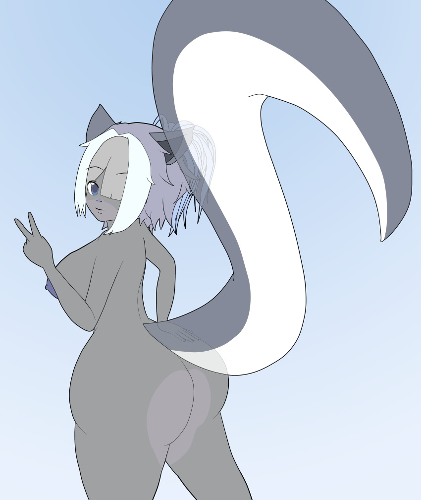 absurd_res alternate_version_at_source anthro ass big_butt blue_hair cute_expression duo elizabeth_rika_(mrschllyay) erect_nipples felid feline female fur gesture grey_body grey_fur hair hair_over_eye hi_res huge_butt hybrid mammal mephitid mrschllyay nipples nude one_eye_obstructed skunk solo thick_tail v_sign wide_hips