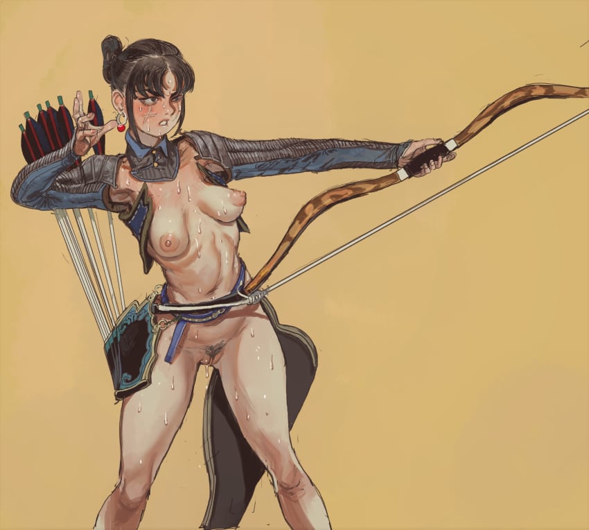 1girls archer bow breasts_apart feet_out_of_frame female female_only longbow mossa nude pubic_hair pussy scar scar_on_face shoulder_pads simple_background small_breasts solo solo_female standing sweat sweating_profusely tied_hair