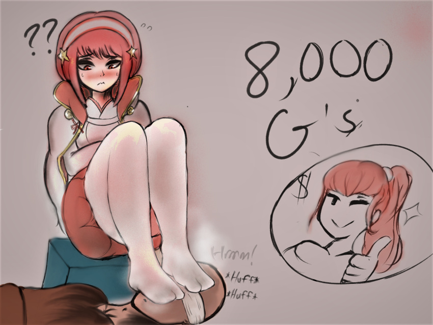 1boy 2girls ;) ? ?? anna_(fire_emblem) bangs bare_thighs blindfold confusion embarrassed feet female female_focus fire_emblem fire_emblem_fates foot_fetish hairband inner_thighs jyo male nintendo one_eye_closed pink_eyes pink_hair prostitution sakura_(fire_emblem) smell smelly_feet solo_focus story_at_source thighhighs thighs thumbs_up wink