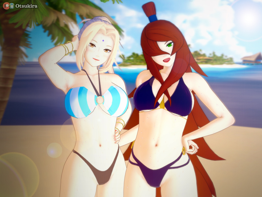 2girls adapted_costume argentina big_breasts bikini bikini_bottom bikini_top blonde_hair bracelet breasts brown_eyes brown_hair busty cleavage female female_only france green_eyes highleg highleg_bikini koikatsu light_particles looking_at_viewer mature mature_female mei_terumi midriff multiple_girls nail_polish naruto naruto_(series) naruto_shippuden ocean otsukira outdoors ponytail revealing_swimsuit sand skimpy skimpy_bikini smile striped_bikini stripes sunlight tied_hair topknot tsunade very_long_hair water world_cup