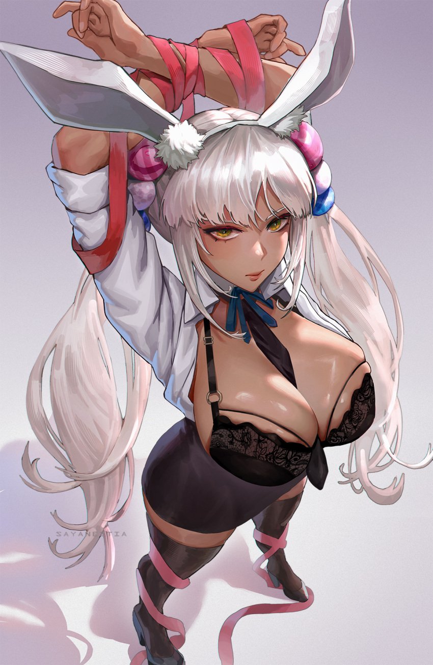 1girls alternate_breast_size armpits arms_up blonde_hair breasts bunny_ears bunny_girl bunnysuit cleavage female gyaru hair_ornament heels high_heels highleg_leotard hips hololive hololive_english hololive_english_-council- huge_breasts leotard looking_at_viewer ribbon sayanestia skindentation slim_waist tan tan-skinned_female tanned_skin thick_thighs thighhighs thighs tsukumo_sana twintails virtual_youtuber wide_hips yellow_eyes