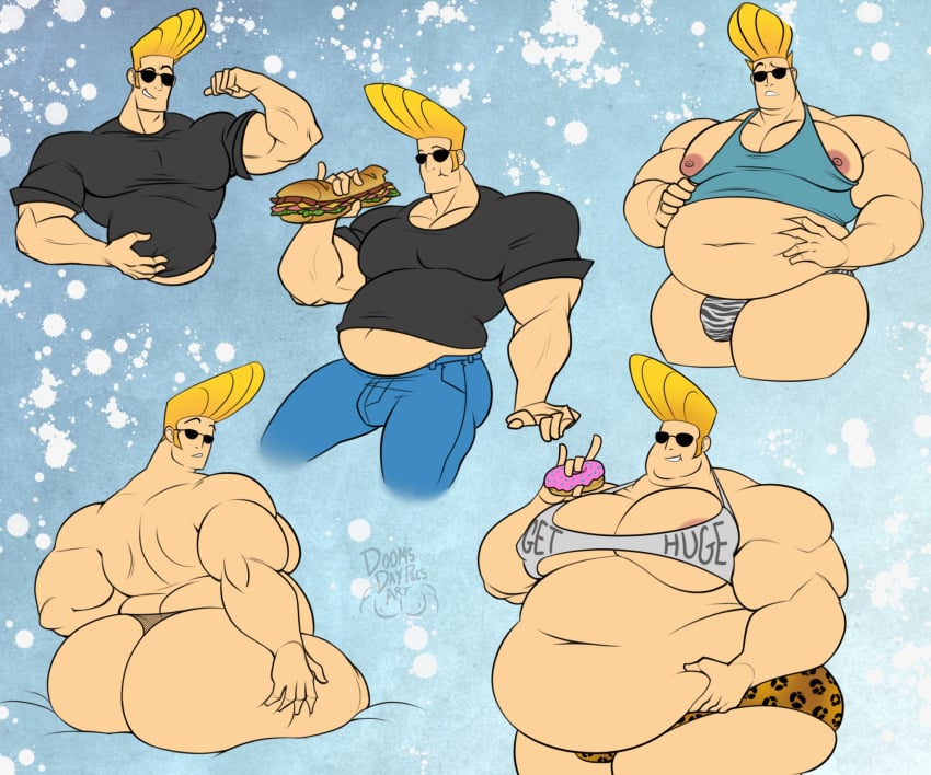 1boy areolae_slip bara bhm big_belly big_butt big_hair big_moobs blonde_hair bulge gay huge_ass johnny_bravo johnny_bravo_(series) mail_order_superhero male male_focus male_only moobs muscular muscular_male nipples nipples_outside obese small_clothes solo stuffing sub_sandwich sunglasses tank_top thong visible_areolae weight_gain