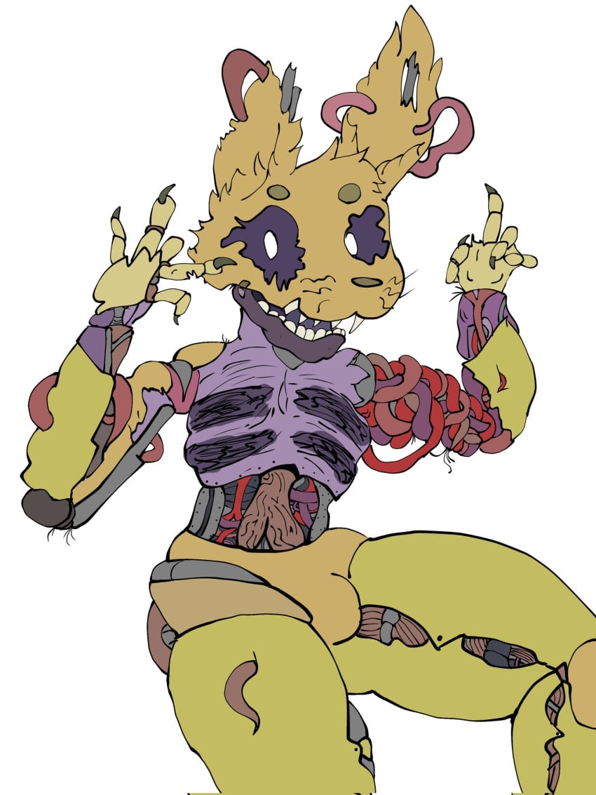 animatronic anthro bulge burntrap claws clothing fangs five_nights_at_freddy's five_nights_at_freddy's:_security_breach fur gore hi_res internal lagomorph leporid machine male mammal organs purple_body purple_sclera rabbit ralseibutbigger robot scottgames solo stomach teeth thick_thighs video_games white_eyes william_afton wire yellow_body yellow_fur