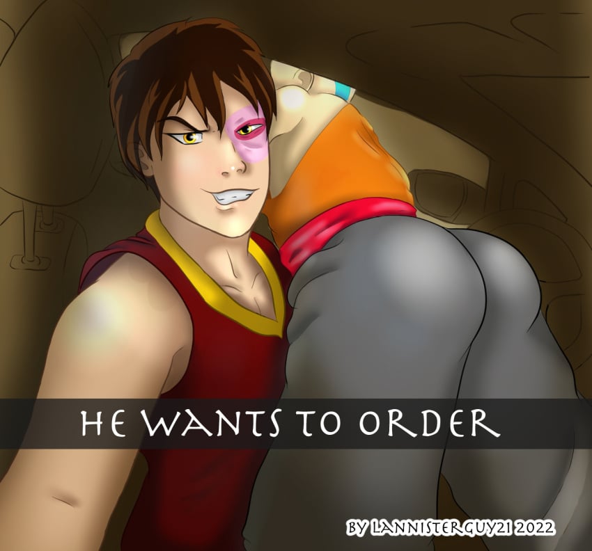 2boys aang air_nomad airbender_tattoo ass avatar_legends avatar_the_last_airbender clothing english_text fire_nation he_wants_to_order lannisterguy21 male male_focus male_only meme nickelodeon text the_avatar yaoi zuko