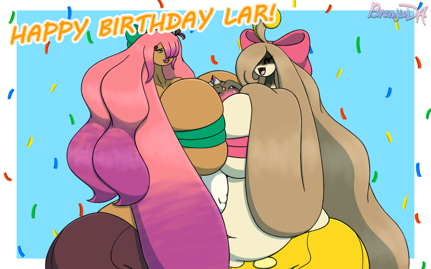 16:10 3girls anthro ass big_ass big_breasts big_butt birthday blush breast_smother breasts brenjieda bubble_butt female female_only generation_4_pokemon generation_6_pokemon gift_wrapped gourgeist group hanawa_(brenjieda) harriett_(latiar) highres humanoid larger_female legendary_pokémon lyssa_(latiar) nintendo original_character pokémon_(species) pokemon pokemon_(species) pokemorph size_difference smothering thick_thighs trio uxie video_games wide_hips widescreen