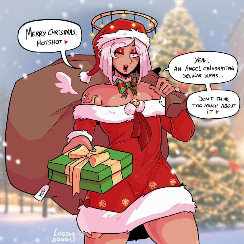 1boy 1femboy 2022 angel angel_wings anhel_(loggus_doggus) bag bob_cut bowtie christmas christmas_outfit christmas_tree crossdressing dress exposed_shoulders femboy femboy_only festive gift halo lipstick loggus_doggus male male_only original_character pink_hair pov pov_eye_contact red_lipstick solo text wings