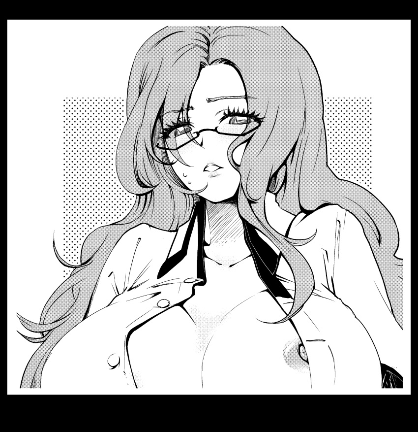 button_down_shirt cleavage eyebrows_visible_through_hair eyelashes female female_only glasses huge_breasts kiryuu_moeka long_hair monochrome nipple_slip nitroplus no_bra oberon:―( parted_lips solo steins;gate very_long_hair