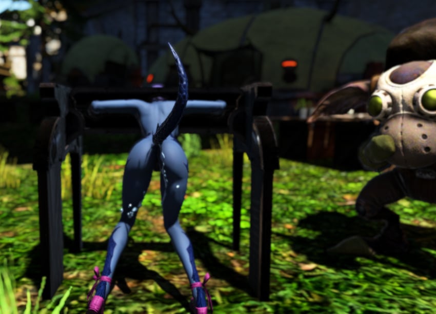 3d after_anal after_sex au_ra big_ass cum_in_anus cum_in_pussy cum_on_legs female final_fantasy final_fantasy_xiv functionally_nude gnomercy gpose(ffxiv) horns leaking_cum lifted_tail pillory pink_hair public_use purple_eyes stocks stuck_in_object tail tail_up tomoyo_taijiqo'a