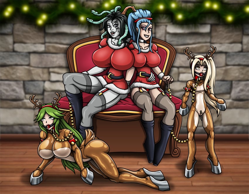 4girls amazon_pandora ball_gag ballet_boots blonde_hair blue_eyes blue_hair boots breasts christmas crotch_zipper dark_hair face_tattoo female female_only femdom femsub garter_belt garter_straps green_eyes green_hair hazel_eyes highres holding_leash hoof_boots hoof_gloves hourglass_figure jingle_bell kid_icarus kid_icarus_uprising large_breasts latex leash long_blue_hair long_green_hair long_hair magenta_eyes medusa medusa_(kid_icarus) multiple_girls nintendo palutena ponytail re-maker reindeer_antlers reindeer_costume remaker santa_costume small_breasts snake_hair viridi whiffle_gag yuri