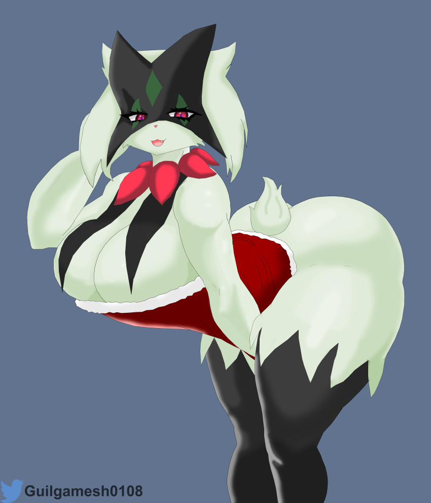 anthro anthro_only ass big_ass big_breasts big_butt breasts christmas christmas_outfit feline female female_focus female_only furry green_fur guilgamesh0108 meowscarada pokémon_(species) pokemon pokemon_(species) pokemon_sv posing solo thick_thighs video_games