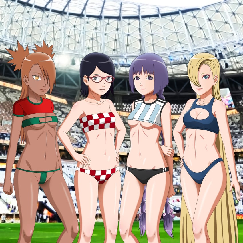 2022_fifa_world_cup 4girls adapted_costume akimichi_chouchou argentina black_hair blonde_hair bloomers borusumi boruto:_naruto_next_generations braided_twintails brown_hair buruma center_opening cleavage croatia crop_top dark-skinned_female dark_skin female female_only france g-string human kakei_sumire light-skinned_female light_skin morocco multiple_girls naruto naruto_(series) panties purple_eyes revealing_clothes sarada_uchiha shirt soccer soccer_field soccer_uniform stadium teenage_girl teenager tied_hair tubetop twintails underboob world_cup yodo