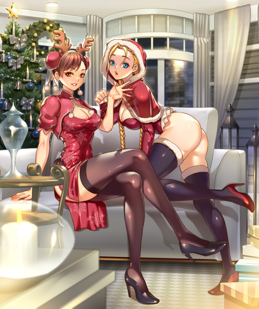 2girls adapted_costume alternate_costume antenna_hair antlers ass black_footwear black_thighhighs blonde_hair blue_eyes bottomless braid breasts brown_eyes brown_hair brown_thighhighs bun_cover cammy_white capcom capelet christmas christmas_tree chun-li cleavage couch crossed_legs double_bun dress earrings fake_antlers female female_only full_body fur_trim grin hair_bun high_heels highres hood hooded_capelet human indoors jewelry large_breasts leotard long_legs low_twin_braids multiple_girls no_pants paw_pose puckered_lips red_capelet red_dress red_footwear red_hood red_leotard reindeer_antlers seed01010 short_hair side_slit sitting smile street_fighter stud_earrings thighhighs thong_leotard twin_braids waving