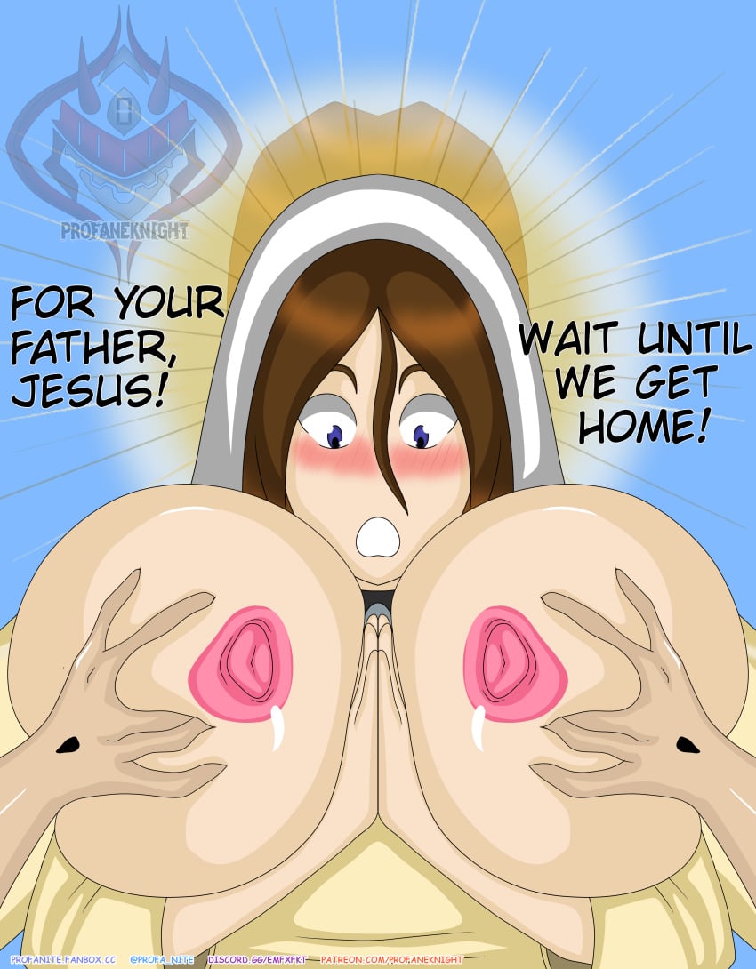 1boy1girl areolae big_breasts blasphemy blush breasts breasts_out deity duo exposed_breasts grabbing grabbing_breasts grabbing_from_behind groping groping_breasts groping_from_behind huge_breasts incest jesus_christ large_breasts mature_female milf mother mother_and_son nipples profanet profanite public public_domain religion religious unseen_male_face virgin_mary virgin_mary_(profanite)