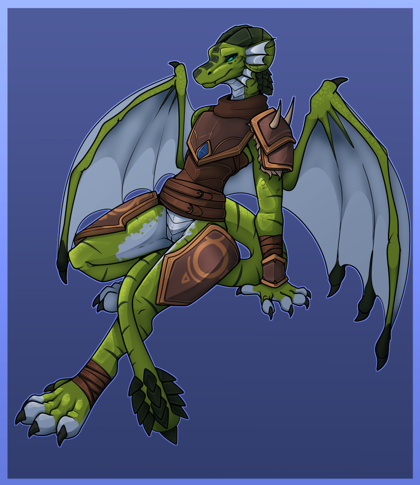 absurd_res anthro armor bastiel blizzard_entertainment bottomless clothed clothing dracthyr dragon dragonflight female hi_res reclining scalie shy solo solo_focus video_games warcraft western_dragon