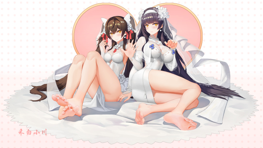 2girls absurdres bangs bare_legs barefoot black_hair blush breasts bridal_veil brown_hair closed_mouth dress earrings feet flower full_body girls'_frontline gloves hair_flower hair_ornament hair_ribbon hairband hebai_xiaochuan highres jewelry large_breasts legs lips long_hair looking_at_viewer medium_breasts multiple_girls nail_polish necklace official_alternate_costume on_floor partially_fingerless_gloves pink_nails red_ribbon ribbon ring simple_background sitting smile soles thighs toes type_95_(girls'_frontline) type_95_(prairie_gentian_and_her_season)_(girls'_frontline) type_97_(girls'_frontline) type_97_(prayers_in_the_wind)_(girls'_frontline) veil very_long_hair wedding_dress wedding_ring white_dress white_gloves white_hairband white_ribbon white_veil yellow_eyes