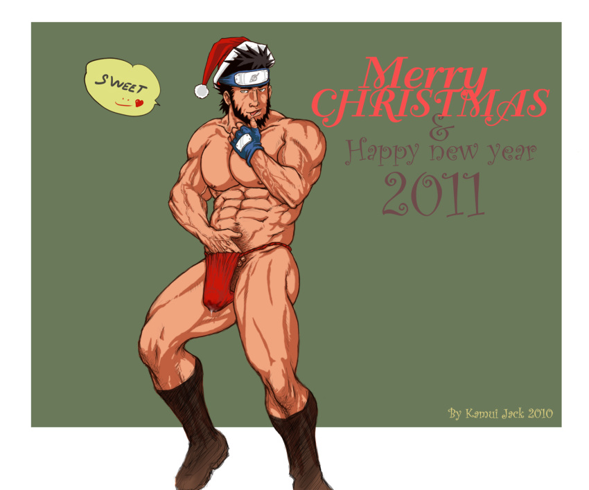 boner boots christmas erection fundoshi human kamui_jack lick male male_only muscles muscular naruto sarutobi_asuma solo