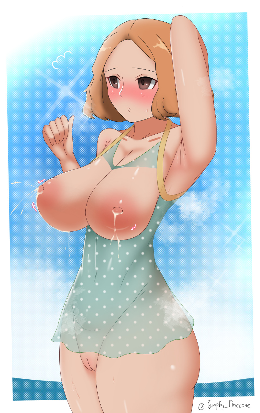 1girls big_forehead breasts breasts_out female forehead haru_okumura light_brown_hair persona persona_5 pibu swimsuit