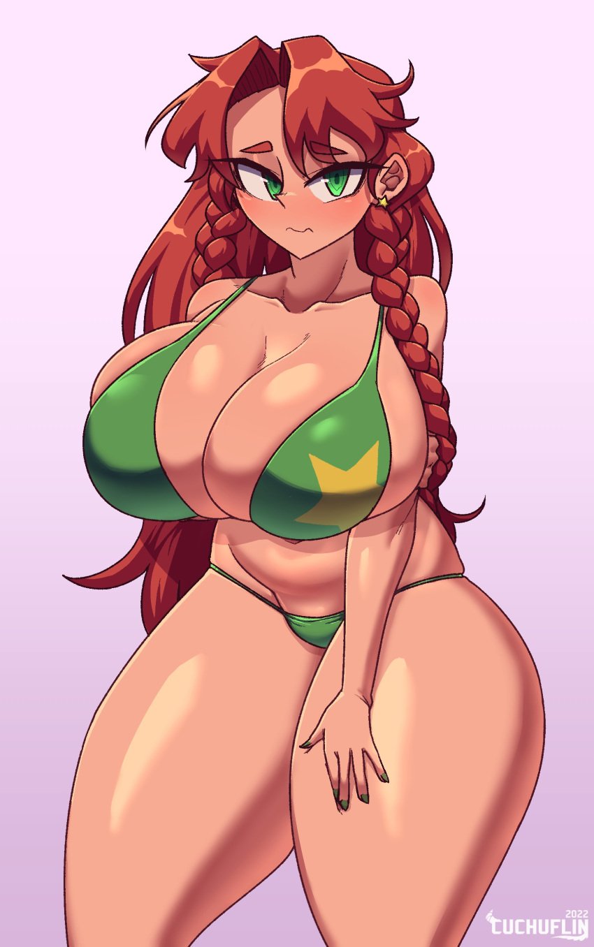 1girls big_breasts bikini blush breasts cuchuflin earrings female female_only green_eyes hong_meiling light-skinned_female light_skin looking_at_viewer red_hair simple_background swimwear thick_thighs touhou twin_braids watermark