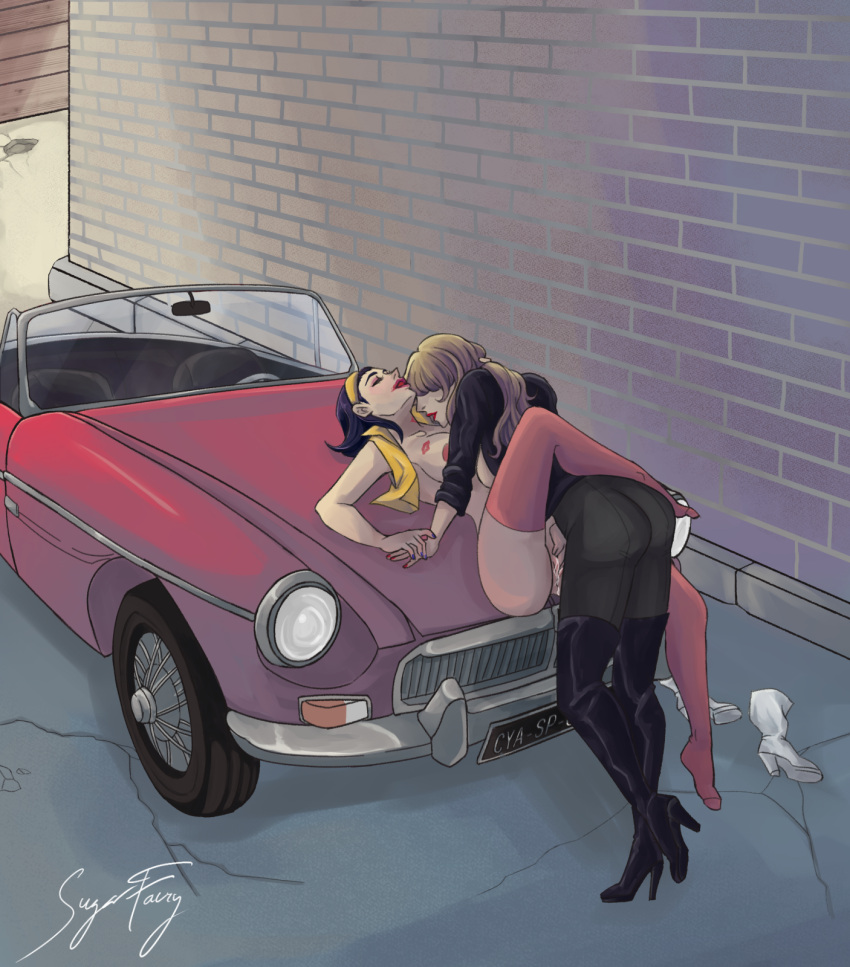 2girls ass black_jacket blonde_hair boots boots_removed car closed_eyes cowboy_bebop faye_valentine fingering ground_vehicle hairband highres jacket julia_(cowboy_bebop) lipstick makeup mg-a_spyder_bro motor_vehicle multiple_girls open_mouth sugarfairy thigh_boots yellow_hairband yuri