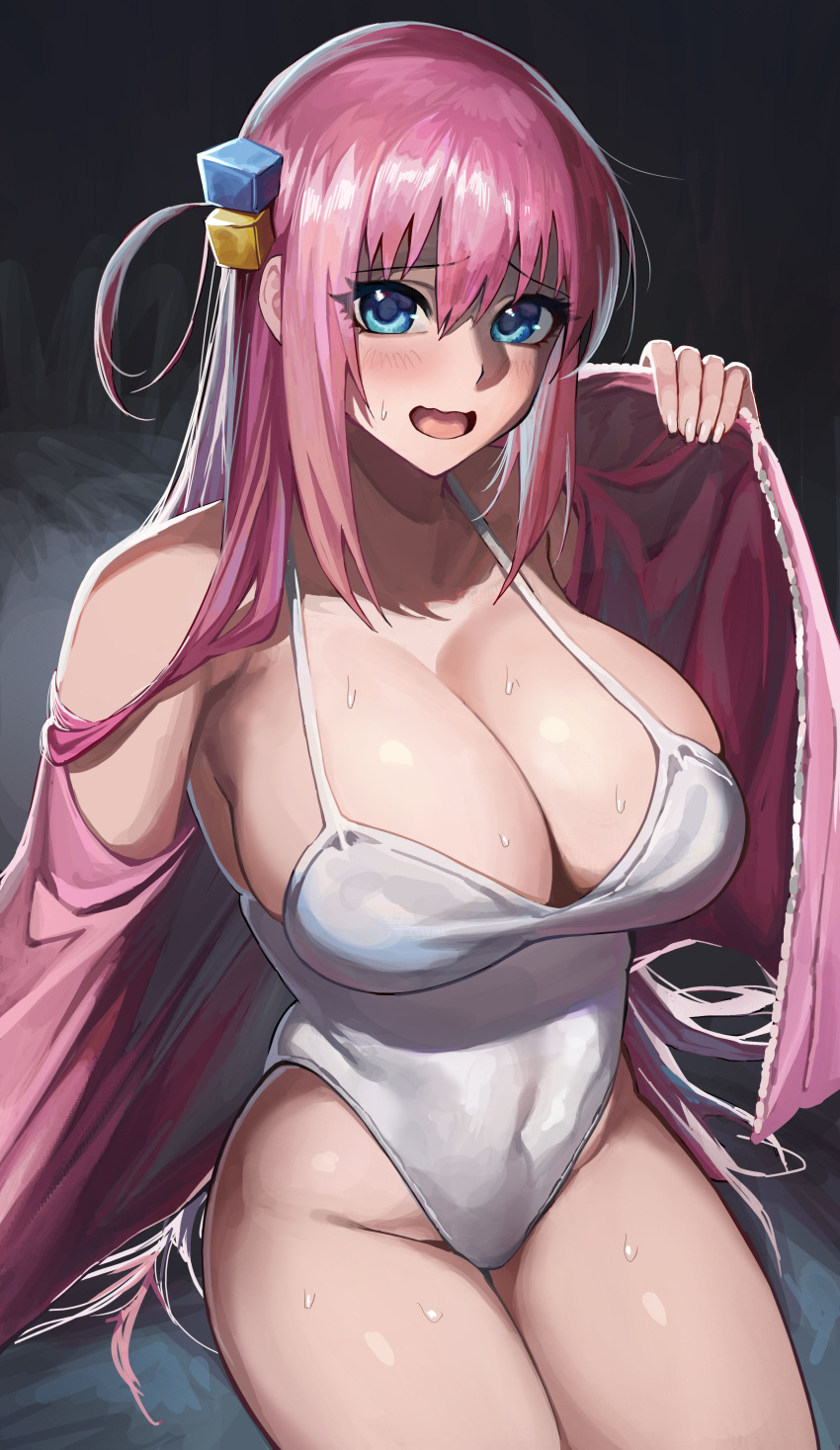 1girls bare_shoulders big_breasts blue_eyes blush bocchi_the_rock! breasts cozyu eye_contact female female_only gotou_hitori huge_breasts human human_only large_breasts light-skinned_female light_skin long_hair looking_at_viewer pink_hair solo solo_female thick_thighs thighs