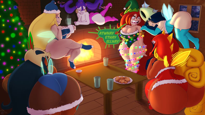 6girls angry annetta_fish_(rayman) annoyed armwear ass bent_over betilla_(rayman) big_ass big_breasts black_hair blonde_hair bottom_heavy breasts bubble_butt christmas christmas_lights christmas_tree clothing cookie cup dark-skinned_female dark_skin dat_ass dialogue drink dumptruck_ass edith_up_(rayman) family fat_ass female female_only fireplace floating hat helena_handbasket_(rayman) holly_luya_(rayman) huge_ass indoors large_ass legs_crossed light-skinned_female light_skin lying lying_on_stomach milf mug multiple_girls n-kosi n-kosi_(coloring) nymph_(rayman) pig_latin plate prank purple_hair rayman_(series) rayman_origins red_hair restrained sisters smile socks table tagme text thick_ass thick_thighs thighhighs tied tied_up translation_request voodoo_mama_(rayman) watching wide_hips window wings