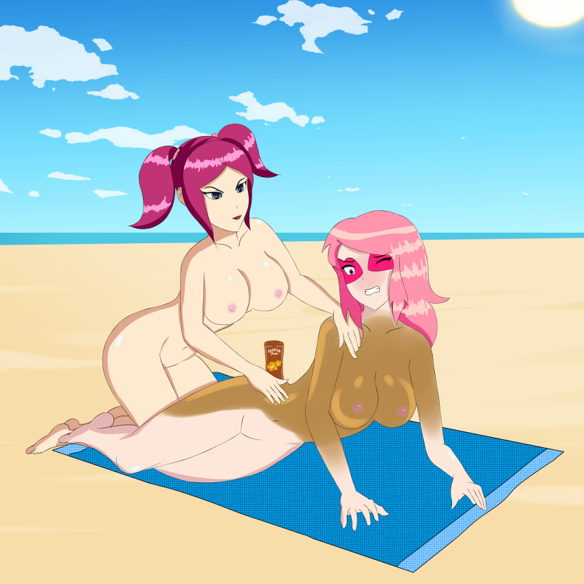 2girls anoneysnufftan applying_sunscreen beach blush breasts cartoon_network clenched_teeth crossover eastern_and_western_character edasbild embarrassed female female_only hawaiian_tropic humiliation imminent_death imminent_orgasm killer_lotion lotion mask massage miss_heed_(villainous) multiple_girls murder nipples nude ocean oil oiled on_side peril pink_eyes pink_hair punishment rubbing sand seaside sega sky snuff space_channel_5 summer sunbathing sunscreen towel twintails ulala villainous