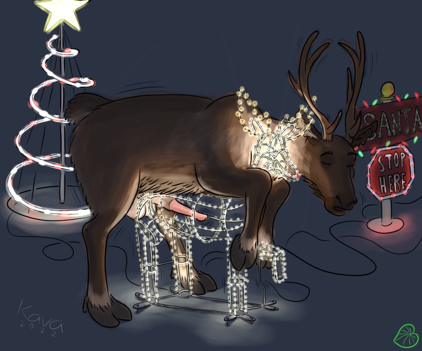 6:5 absurd_res antlers black_hooves brown_body brown_fur capreoline christmas_decorations christmas_lights closed_eyes deer feral fur genitals hi_res hooves horn humping inanimate_object kava_(artist) male mammal non-human outdoor_decorations penis reindeer sign solo text wire