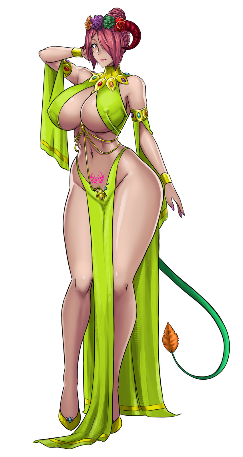 almost_naked almost_nude arm_up armpits belly_button big_breasts breasts demon demon_girl demon_horns demon_tail devil-v game_cg green_clothes green_shoes hair_ornament jewels leaf lipstick looking_at_viewer nails_painted nipples_visible_through_clothing official_art pink_fingernails polite_succubus_(succubus_covenant) pubic_tattoo red_eyes red_hair seducing seduction seductive seductive_eyes seductive_look seductive_mouth seductive_pose seductive_smile short_hair smiling_at_viewer succubus succubus_covenant succubus_horns succubus_tail succubus_tattoo tail