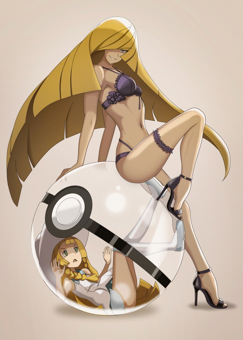 2girls angry blonde_hair bra breasts clothing creatures_(company) female female_only full_body game_freak green_eyes grin hair_over_one_eye hat high_heels highres in_container legs_together lillie_(pokemon) long_hair looking_at_viewer lusamine_(pokemon) lying matching_underwear md5_mismatch mother_and_daughter multiple_girls nintendo open_mouth panties poke_ball pokemon pokemon_(game) pokemon_sm purple_bra purple_panties simple_background sitting smile smug thighhighs underwear vivivoovoo