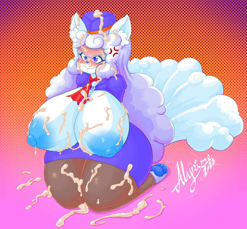 alolan_form alolan_vulpix alyrise angry anthro big_breasts blue_eyes blush bodily_fluids breasts clothed clothing cum cum_on_body cum_on_breasts female genital_fluids hi_res legwear nintendo nipples officer_jenny_(pokemon)_(cosplay) pokémon_(species) pokemon pokemon_(species) pokemorph regional_form_(pokemon) solo thick_thighs video_games vulpix white_body