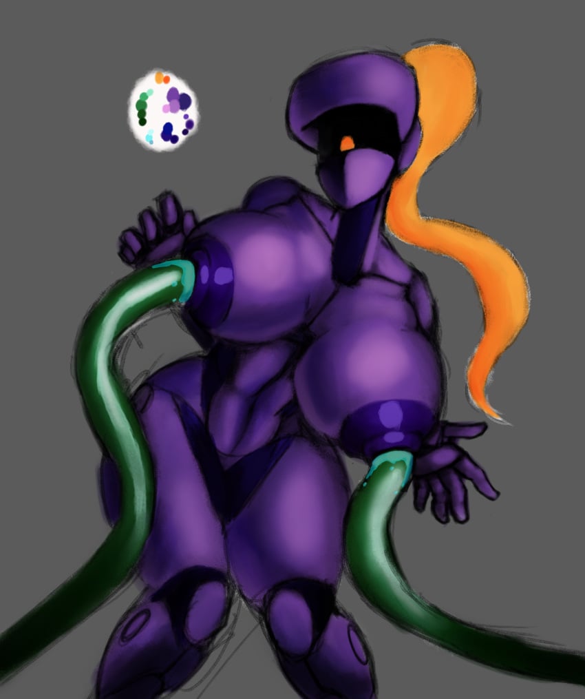 areola big_areola big_breasts big_nipples breasts front_view green_tentacles mouthless nipple_penetration nipples one_eye penny_(polygonalfish) polygonalfish ponytail purple_body robot robot_girl robot_humanoid tentacle_penetration tentacles