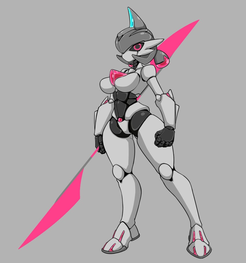 2d cat_fy featureless_breasts female female_focus female_only green_hair iron_valiant large_breasts nintendo paradox_pokemon pink_eyes pokémon_(species) pokemon pokemon_sv robot robot_girl robot_humanoid robot_joints shiny_pokemon thick thick_thighs weapon