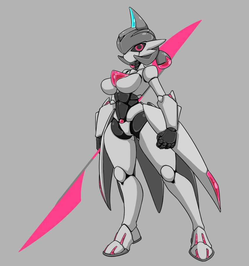 2d cat_fy featureless_breasts female female_focus female_only green_hair iron_valiant large_breasts nintendo paradox_pokemon pink_eyes pokémon_(species) pokemon pokemon_sv robot robot_girl robot_humanoid robot_joints shiny_pokemon thick thick_thighs weapon