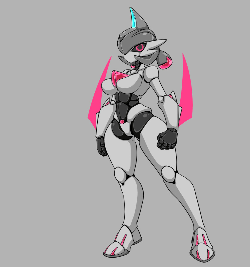 2d cat_fy featureless_breasts female female_focus female_only green_hair iron_valiant large_breasts nintendo paradox_pokemon pink_eyes pokémon_(species) pokemon pokemon_sv robot robot_girl robot_humanoid robot_joints shiny_pokemon thick thick_thighs weapon