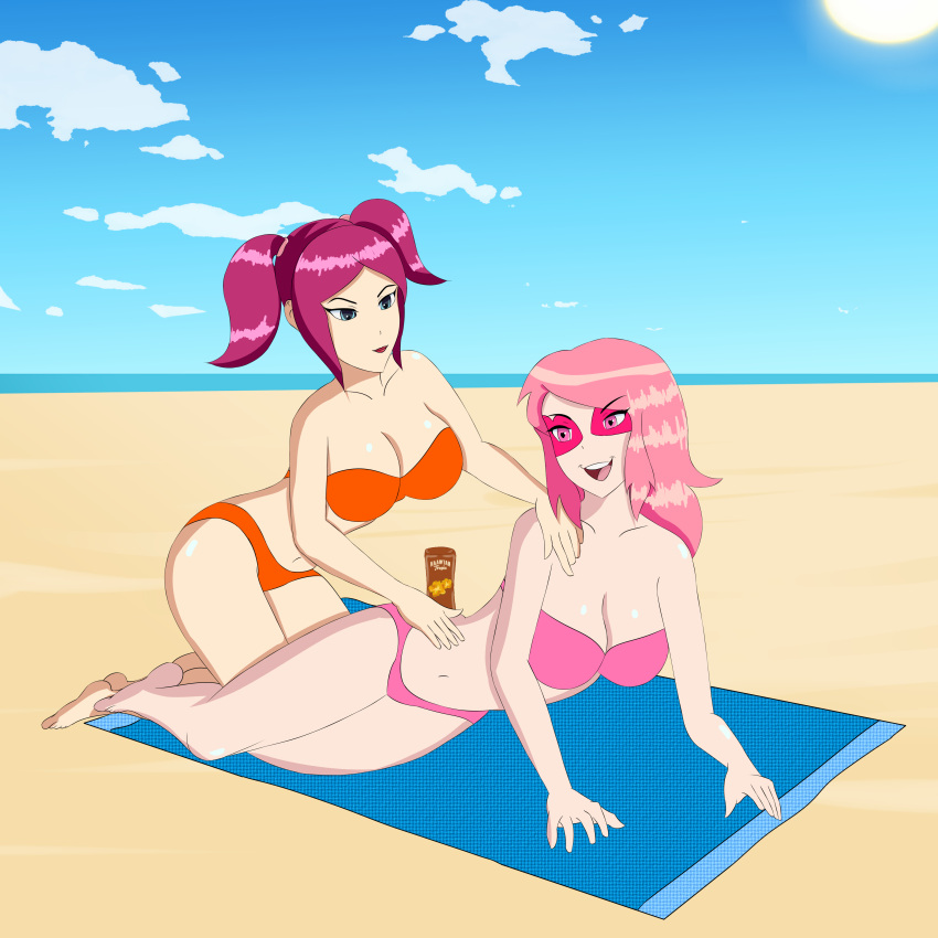 2girls anoneysnufftan applying_sunscreen beach bikini cartoon_network crossover eastern_and_western_character edasbild embarrassed female female_only hawaiian_tropic humiliation imminent_death killer_lotion mask massage miss_heed_(villainous) murder ocean on_side peril pink_eyes pink_hair punishment rubbing sand seaside sega sky snuff space_channel_5 summer sunbathing swimsuit towel twintails ulala villainous