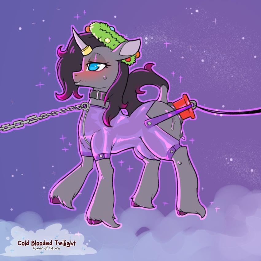 1:1 2022 anus blue_eyes blush chains clothing cold-blooded-twilight digital_media_(artwork) english_text equid equine eyelashes female feral hi_res horn mammal oleander_(tfh) outside sex_toy side_view solo text them's_fightin'_herds unicorn