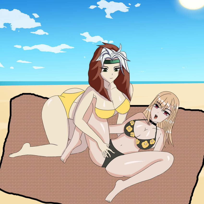 2girls anoneysnufftan applying_sunscreen beach bikini blonde_hair edasbild embarrassed female female_only flower_pattern humiliation imminent_death killer_lotion kitagawa_marin kneeling marvel massage murder ocean on_back peril punishment rogue_(x-men) rubbing sand seaside sky snuff sono_bisque_doll_wa_koi_wo_suru straight_hair summer sunbathing swimsuit towel two-tone_hair x-men