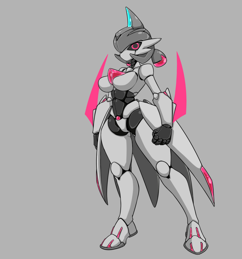 2d cat_fy featureless_breasts female female_focus female_only green_hair iron_valiant large_breasts nintendo paradox_pokemon pink_eyes pokémon_(species) pokemon pokemon_sv robot robot_girl robot_humanoid robot_joints shiny_pokemon thick thick_thighs weapon