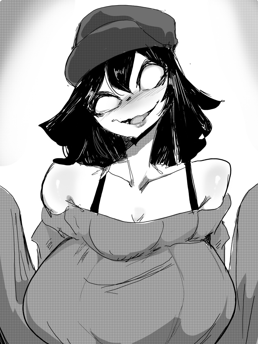 black_hair bra_strap creepette_holloway creepy_smile hat large_breasts menyang my700 sweater white_eyes