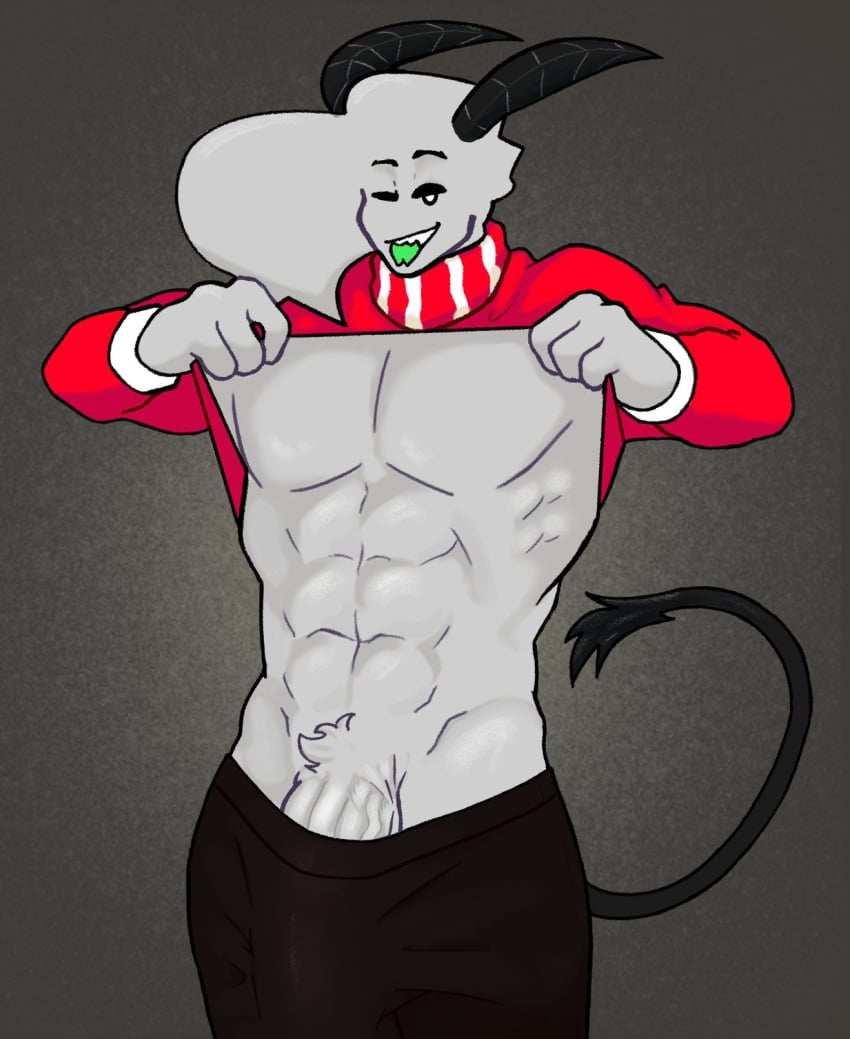 1boy abs bara christmas gazo_(lewdzomi) horns huge_cock krampus lewdzomi looking_at_viewer male muscular muscular_male non-human pecs penis penis_under_clothes presenting sharp_teeth showing_off sweater tongue_out visible_penis_shape