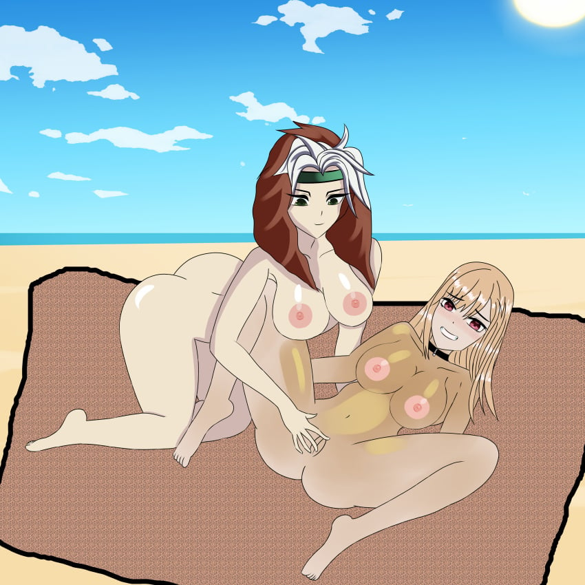 2girls anoneysnufftan applying_sunscreen ass beach blonde_hair blush breasts edasbild embarrassed female female_only flower_pattern humiliation imminent_death imminent_orgasm killer_lotion kitagawa_marin kneeling lotion marvel massage multiple_girls murder nipples nude ocean oil oiled on_back peril punishment pussy rogue_(x-men) rubbing sand seaside sky smile snuff sono_bisque_doll_wa_koi_wo_suru summer sunbathing sunscreen towel two-tone_hair x-men