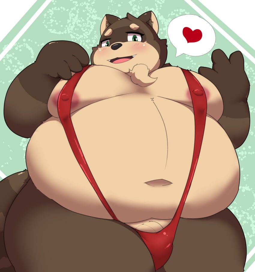 2022 anthro belly big_belly blush brown_body canid canine clothing genitals heart hi_res kemono kusosensei male mammal moobs navel nipples obese obese_male overweight overweight_male penis raccoon_dog shoutaro solo tanuki underwear