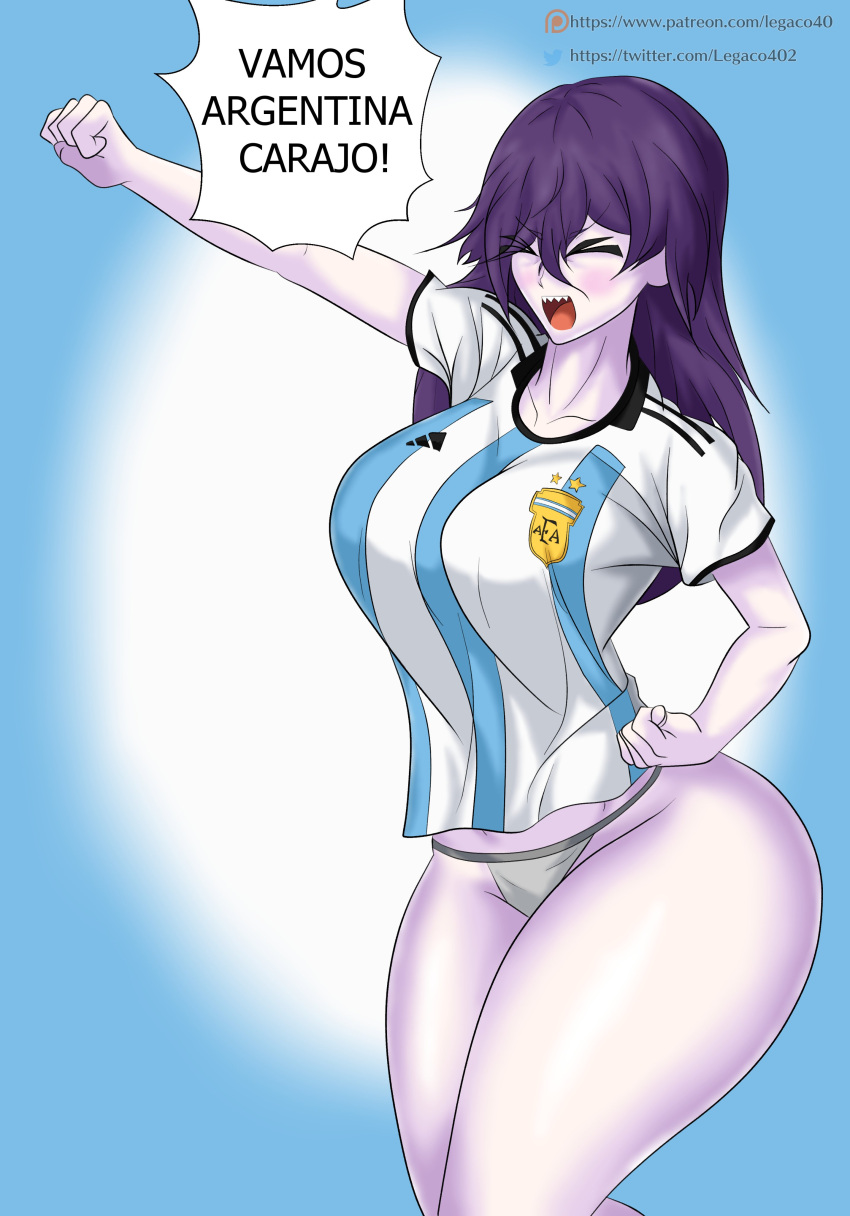 1girls argentina big_ass big_breasts blush celebration closed_eyes curvaceous curvy fist_up football_uniform legaco no_pants oc open_mouth original_character panties partially_clothed purple_body purple_hair purple_skin simple_background spanish_text standing voluptuous